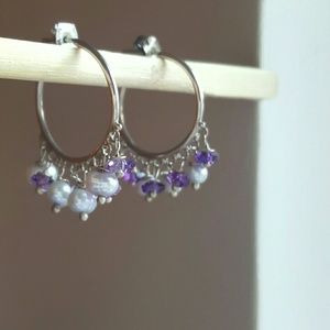 Silver pearl and amethyst hoops